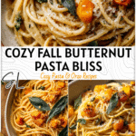 Bowl of roasted butternut squash pasta topped with brown butter sauce and sage for a fall vegetarian meal